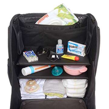 Lulyboo Diaper Bag Convertible Backpack, Full Open Cabinet and Padded Changing Station, Removable Caddy with Two Drink Holders and Angled Cell Phone Storage for Easy Viewing, Black