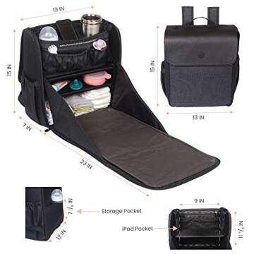 Lulyboo Diaper Bag Convertible Backpack, Full Open Cabinet and Padded Changing Station, Removable Caddy with Two Drink Holders and Angled Cell Phone Storage for Easy Viewing, Black