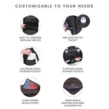 Lulyboo Diaper Bag Convertible Backpack, Full Open Cabinet and Padded Changing Station, Removable Caddy with Two Drink Holders and Angled Cell Phone Storage for Easy Viewing, Black