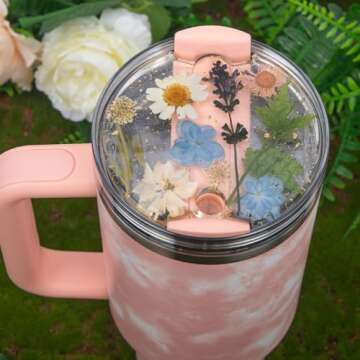 LA KEN DU Used for Stanley Cup Lid Accessories Charms, Dried Flower Lid Charms for Stanley Cups H2.0 Accessories 30oz 40oz with Silicone Straw Cover Cap for Tumblers(Dried Flower, 40oz)