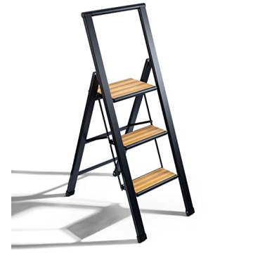 Elegant Bamboo & Black Aluminum Step Ladder - SORFEY 3-Step Folding Ladder
