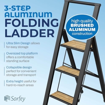 Stylish SORFEY Step Ladder: Functional Bamboo & Black Design
