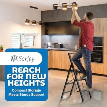 Stylish SORFEY Step Ladder: Functional Bamboo & Black Design