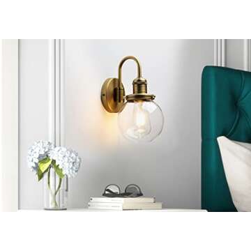 JIMUBEAM Industrial Vintage Gooseneck Wall Sconce 1-Light with 5.9” Round Clear Glass Globe Shade ...