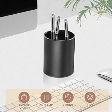 Vaydeer Metal Pen Holder Aluminum Pencil Holder for desk, Round Desktop Organizer and Black Pencil Cup for Office, School, Home and Stationary Supplies (3.15 x 3.15 x 3.94 Inches)