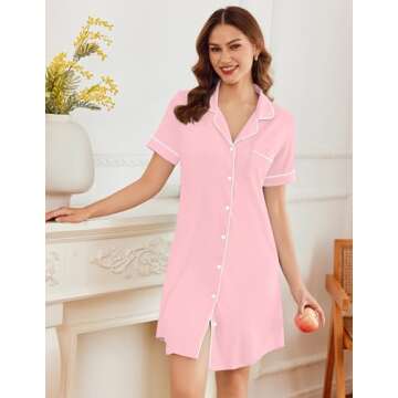 Ekouaer Nightgowns for Women Button Down Sleep Shirt V Neck Pajama Dress Boyfriend Nightshirt Sleepw...