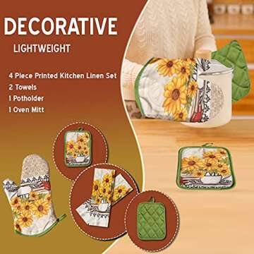 Lobyn Value Packs: 2 Sunflower Dish Towels with Matching Potholder & Oven Mitt 4 Piece Kitchen Linen...