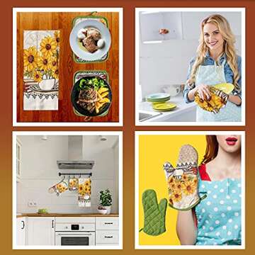 Lobyn Value Packs: 2 Sunflower Dish Towels with Matching Potholder & Oven Mitt 4 Piece Kitchen Linen Set Lightweight & Budget-Friendly