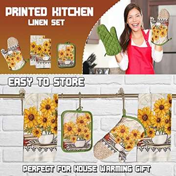 Lobyn Value Packs: 2 Sunflower Dish Towels with Matching Potholder & Oven Mitt 4 Piece Kitchen Linen Set Lightweight & Budget-Friendly