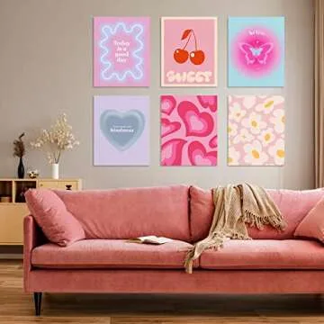 Habseligkeit Pink Gradient Aura Posters for Room Decor Aesthetic, Danish Pastel Cute Room Decor, Cozy Wall Art Prints for Girs Dorm Aesthetic Decor Unframed, 8x10in, Set of 6