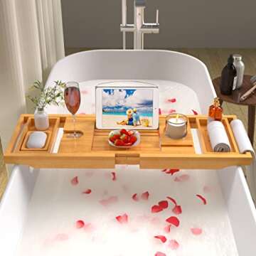 Artmalle Bathtub Caddy Tray for Tub,Foldable Bamboo Bath Table Tray with Book and Wine Glass Holder,...