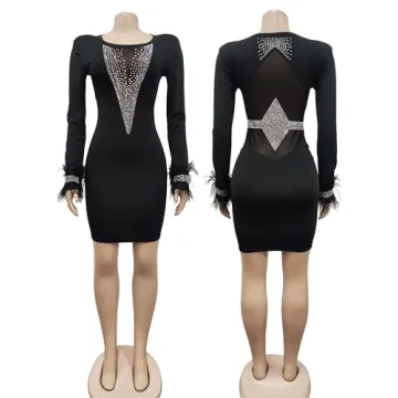 Figdaw Rhinestone Feather Dress for Party 2024