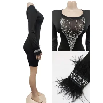 Figdaw Rhinestone Feather Dress for Party 2024