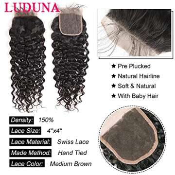 Wet and Wavy Bundles with Closure Human Hair 100% Unprocessed Brazilian Virgin Water Wave 3 Bundles with 4x4 Lace Closure Free Part Curly Bundles Human Hair Extensions for Black Women(20 22 24+18) Natural Color