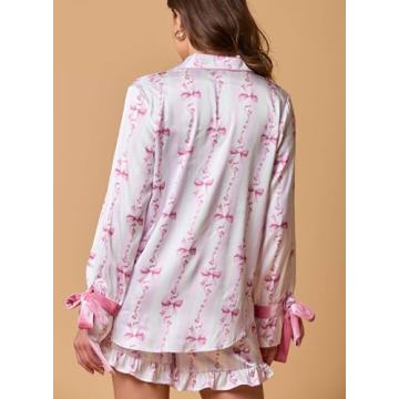 Fenghualzzniya Women Cute Christmas Pajamas 2 Piece Lounge Set Long Sleeve Shirts and Shorts Y2k Pajama Sets Sleepwear, Ruffle Light Pink, Small