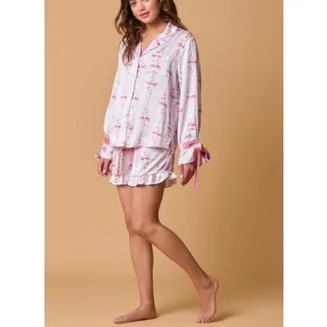 Fenghualzzniya Women Cute Christmas Pajamas 2 Piece Lounge Set Long Sleeve Shirts and Shorts Y2k Pajama Sets Sleepwear, Ruffle Light Pink, Small