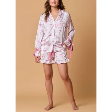 Fenghualzzniya Women Cute Christmas Pajamas 2 Piece Lounge Set Long Sleeve Shirts and Shorts Y2k Pajama Sets Sleepwear, Ruffle Light Pink, Small