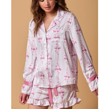 Fenghualzzniya Women Cute Christmas Pajamas 2 Piece Lounge Set Long Sleeve Shirts and Shorts Y2k Pajama Sets Sleepwear, Ruffle Light Pink, Small