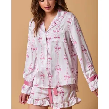 Fenghualzzniya Women Cute Christmas Pajamas 2 Piece Lounge Set Long Sleeve Shirts and Shorts Y2k Pajama Sets Sleepwear, Ruffle Light Pink, Small