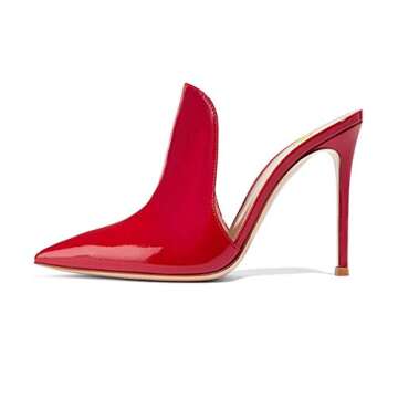 FSJ Wome Pointed Toe Mule Sandals Slide Slippers Stiletto High Heels Loafers Slip on Backless Shoes Size 11 Red Patent-12 cm
