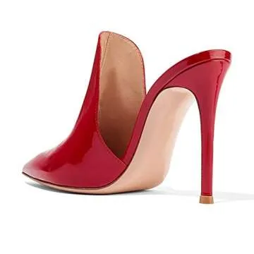 FSJ Wome Pointed Toe Mule Sandals Slide Slippers Stiletto High Heels Loafers Slip on Backless Shoes Size 11 Red Patent-12 cm