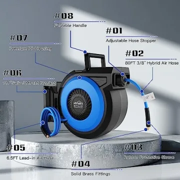 80FT Retractable Air Hose Reel with Auto Rewind and Durability