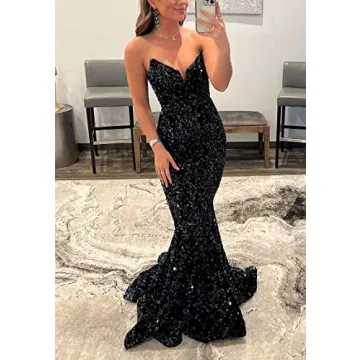 Sparkly V-Neck Sequin Evening Dress for Prom and Parties