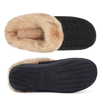 WateLves Slippers for Women Memory Foam Knitted Fur Collar House Shoes Anti-Skid Sole for Indoor & Outdoor (Black, 38/39)