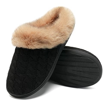 WateLves Slippers for Women Memory Foam Knitted Fur Collar House Shoes Anti-Skid Sole for Indoor & Outdoor (Black, 38/39)
