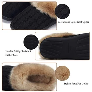 WateLves Slippers for Women Memory Foam Knitted Fur Collar House Shoes Anti-Skid Sole for Indoor & Outdoor (Black, 38/39)