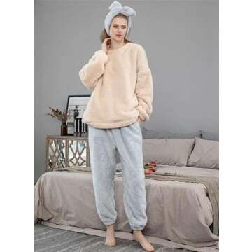 VELISDE Women Fluffy Pajamas Set Fleece Lounge Set Pullover Pants 2 Piece Loungewear Sleepwear Winter Warm Pj Loose Plush