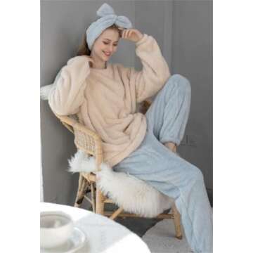 VELISDE Women Fluffy Pajamas Set Fleece Lounge Set Pullover Pants 2 Piece Loungewear Sleepwear Winter Warm Pj Loose Plush