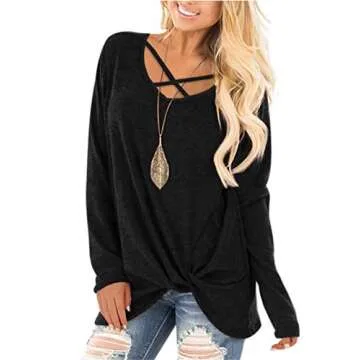NIASHOT Women's Twist Knot V Neck Long Sleeve Top