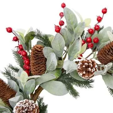 VGIA 20 Inch Christmas Wreath for Front Door Flocked Lambs Ear Wreath with Pine Needles Pinecones Red Berries Christmas Decorations for Indoor Outdoor Xmas Decor