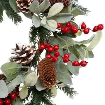 VGIA 20 Inch Christmas Wreath for Front Door Flocked Lambs Ear Wreath with Pine Needles Pinecones Red Berries Christmas Decorations for Indoor Outdoor Xmas Decor