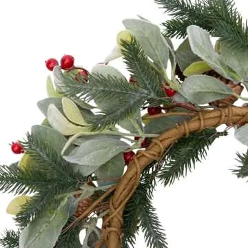 VGIA 20 Inch Christmas Wreath for Front Door Flocked Lambs Ear Wreath with Pine Needles Pinecones Red Berries Christmas Decorations for Indoor Outdoor Xmas Decor