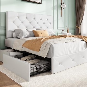 SHA CERLIN Upholstered Queen Size Platform Bed Frame with 4 Storage Drawers, Adjustable Headboard wi...