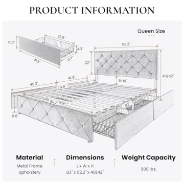 Elegant Upholstered Queen Size Bed Frame with Storage