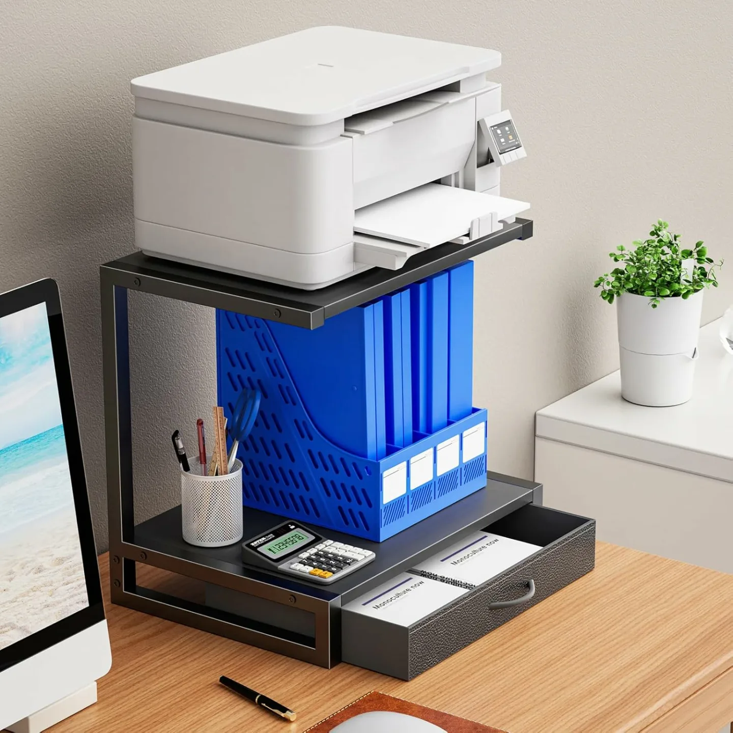 Desktop Printer Stand with Storage Drawer - Black