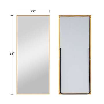self Full Length Floor Mirror 65"×22" Metal Aluminum Alloy Frame Floor Mirror with Standing Holde Standing Hanging or Leaning Against Wall Mirror,Golden