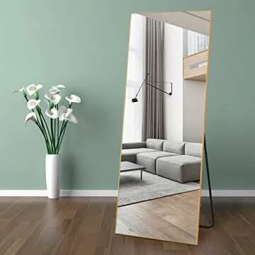 self Full Length Floor Mirror 65"×22" Metal Aluminum Alloy Frame Floor Mirror with Standing Holde Standing Hanging or Leaning Against Wall Mirror,Golden