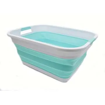 SAMMART 41L (10.8 gallon) Collapsible Plastic Laundry Basket-Foldable Pop Up Storage Container/Organizer-Portable Washing Tub, Water capacity: 32L (8.4 gallon) (Rectangular, White/Lake Green)