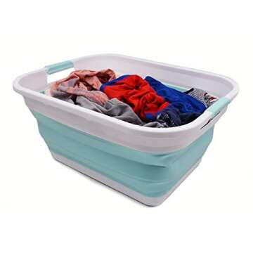 SAMMART 41L (10.8 gallon) Collapsible Plastic Laundry Basket-Foldable Pop Up Storage Container/Organizer-Portable Washing Tub, Water capacity: 32L (8.4 gallon) (Rectangular, White/Lake Green)