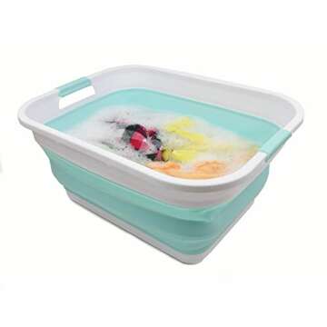 SAMMART 41L (10.8 gallon) Collapsible Plastic Laundry Basket-Foldable Pop Up Storage Container/Organizer-Portable Washing Tub, Water capacity: 32L (8.4 gallon) (Rectangular, White/Lake Green)