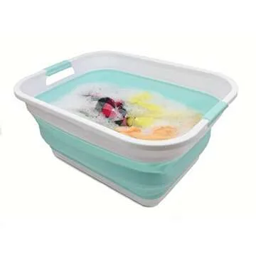 SAMMART 41L (10.8 gallon) Collapsible Plastic Laundry Basket-Foldable Pop Up Storage Container/Organizer-Portable Washing Tub, Water capacity: 32L (8.4 gallon) (Rectangular, White/Lake Green)