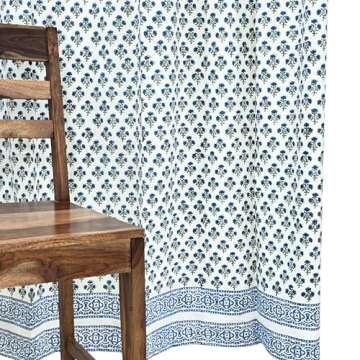 ATOSII 100% Cotton Single Panel Floral Block Print Curtain, Easy Hanging with Rod Pocket & Loop, Living Room, Dining Room, Bedroom Light Filtering Boho Curtains, Set of 1, 60"W X 96"L, Gulbahar Blue