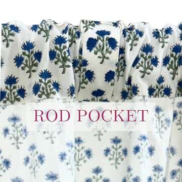 ATOSII 100% Cotton Single Panel Floral Block Print Curtain, Easy Hanging with Rod Pocket & Loop, Living Room, Dining Room, Bedroom Light Filtering Boho Curtains, Set of 1, 60"W X 96"L, Gulbahar Blue