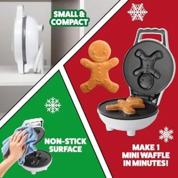 Gingerbread Man Mini Waffle Maker - Make this Christmas Special for Kids with Cute 4 Inch Waffler Iron, Electric Non Stick Breakfast Appliance for Xmas Holiday Season, Fun Gift or Dessert for Parties