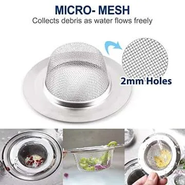 LotFancy Kitchen Sink Strainer, 2Pcs Stainless Steel Mesh Drain Strainer, Large Wide Rim 4.5" Diameter, 1.5" Deep Drain Screen, Anti Clogging