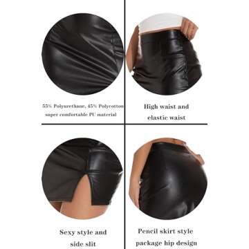 GUANYY Womens Black Leather Skirt High Waisted Slim Fit Slit Pencil Mini Skirts Party Nights Out Club Black Small